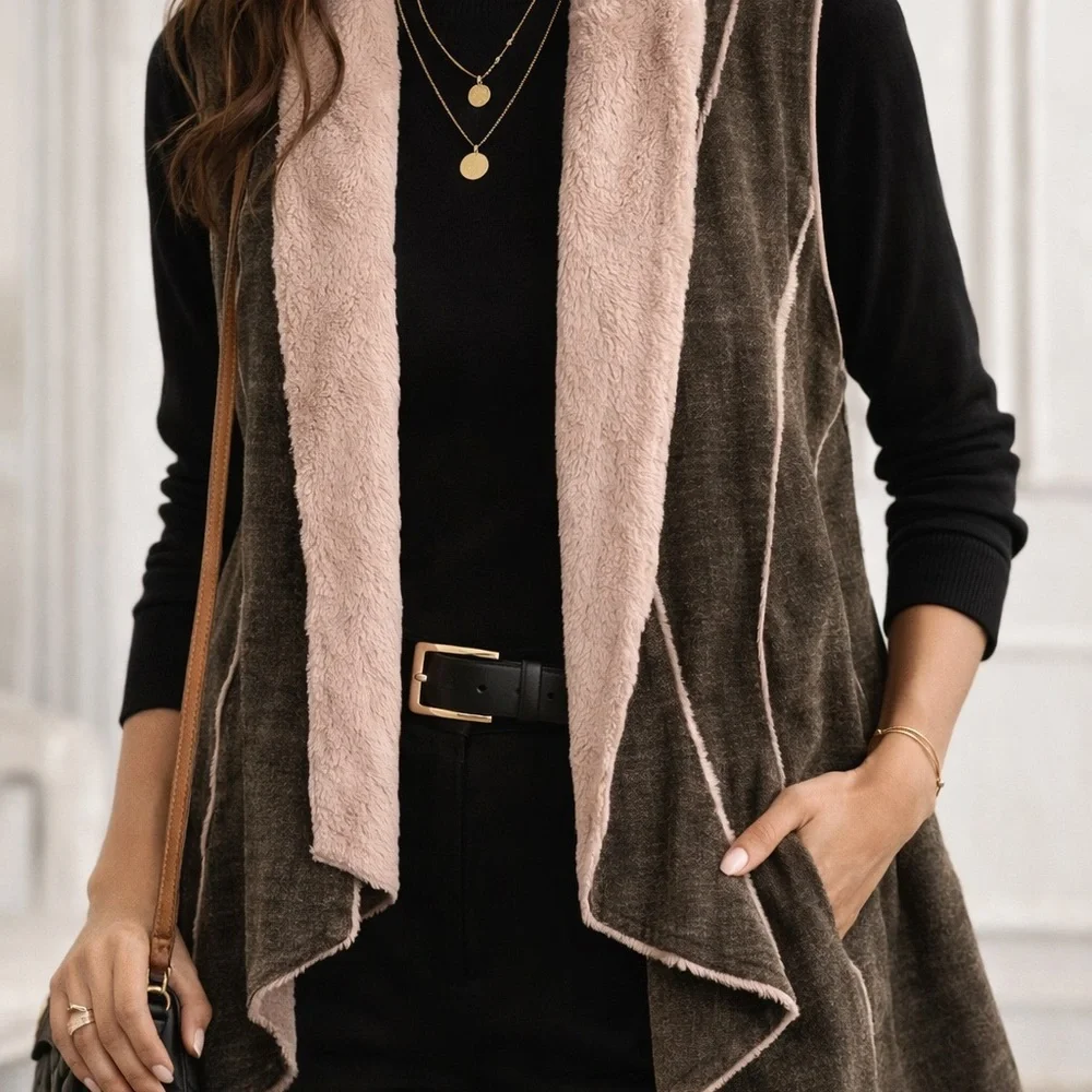 Boho Faux Shearling Vest Drape Open Front Cabin Core Western Layering Piece - Picture 6 of 8